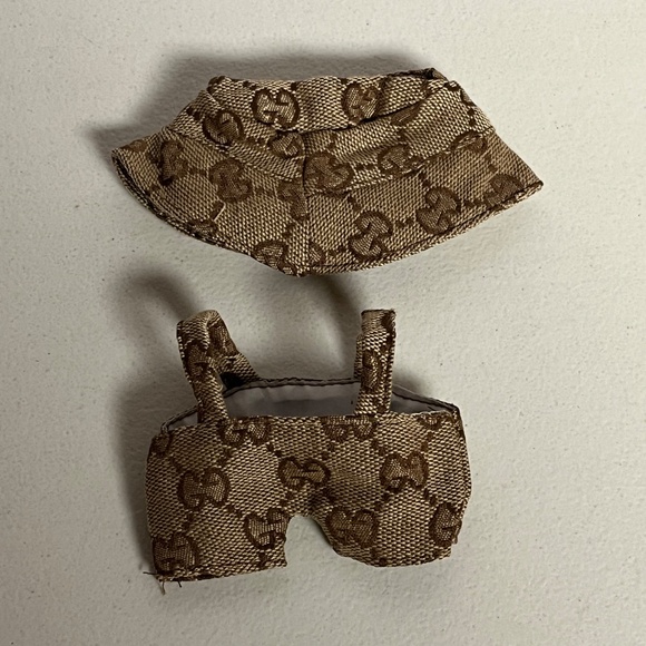 Designer Overalls Bucket Hat 2 Piece Outfit For Labubu Brown Tan - Picture 3 of 5